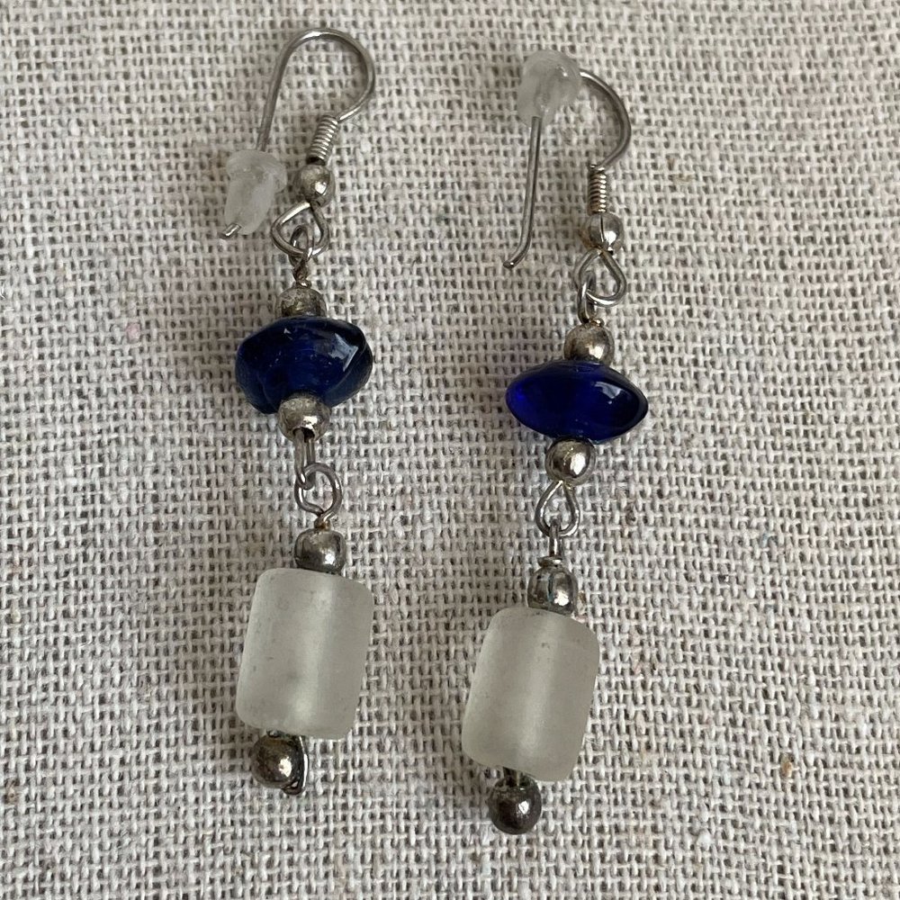Boho Sea Glass Beaded Dangle Pierced Earrings 2”